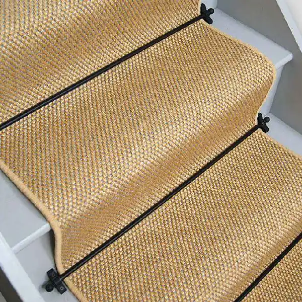 Natural-mini-basketweave-sisal-stair-runner-with-black-edging-and-black-stair-rods